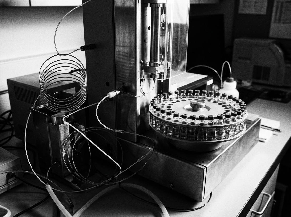 An analytical autosampler carousel loaded with sample vials.