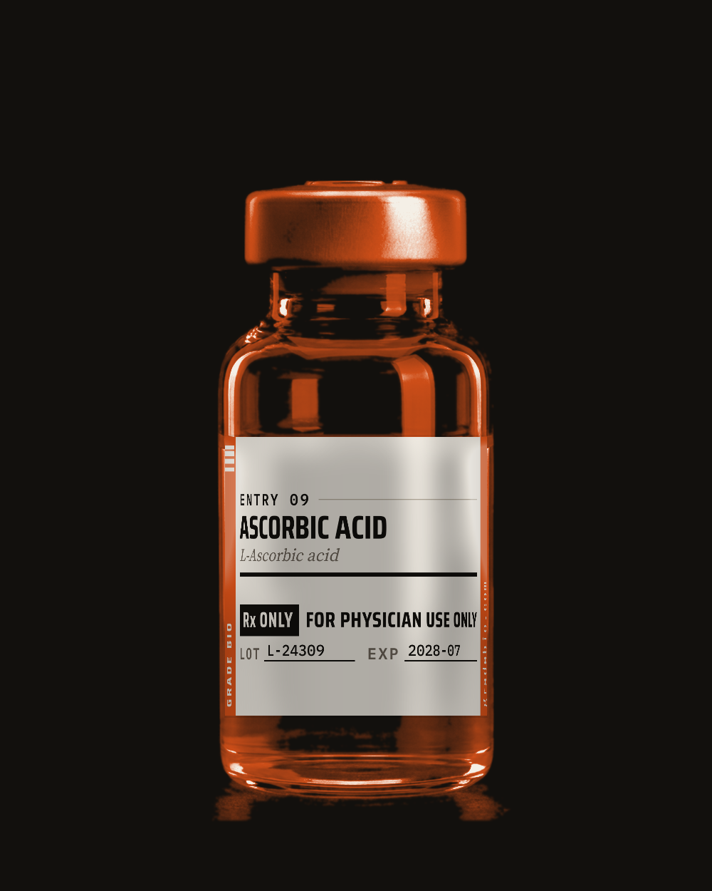 Ascorbic acid, clear solution in a sealed vial.