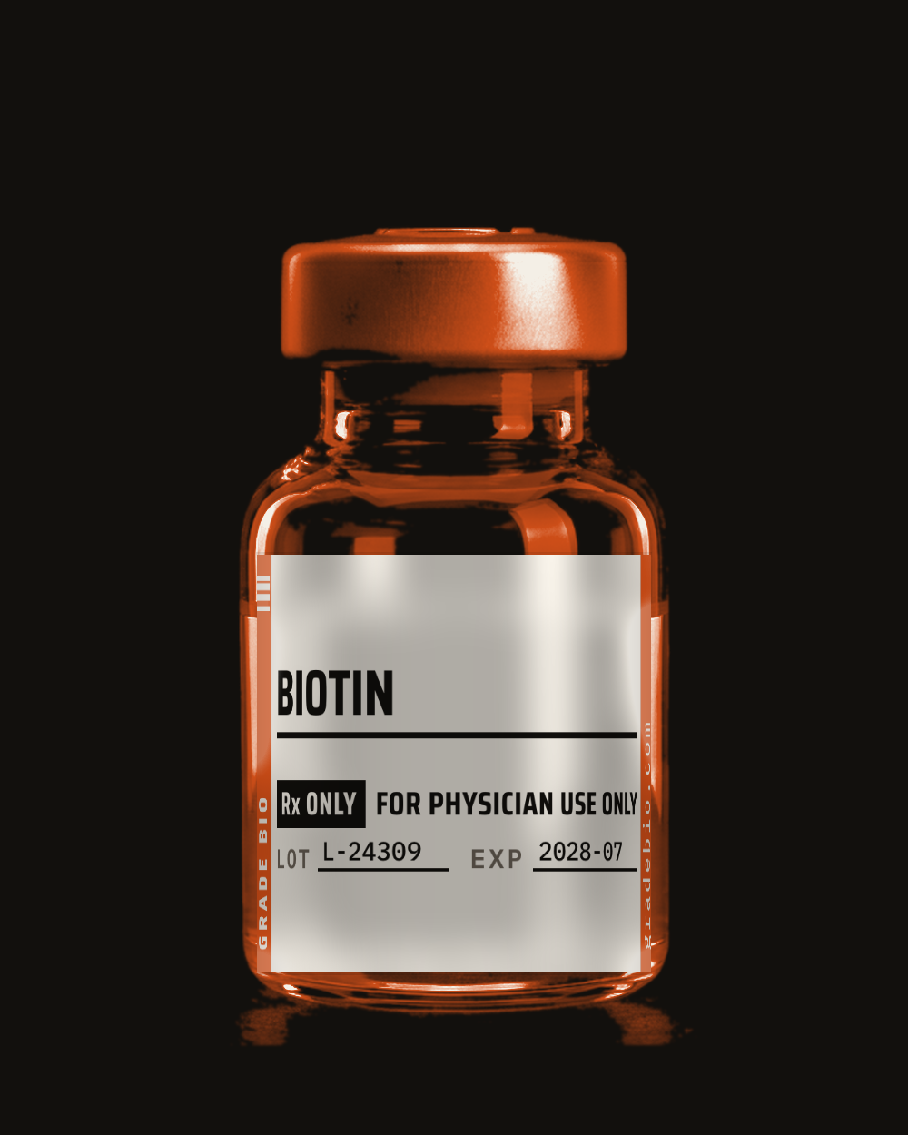 Biotin, clear solution in a sealed vial.