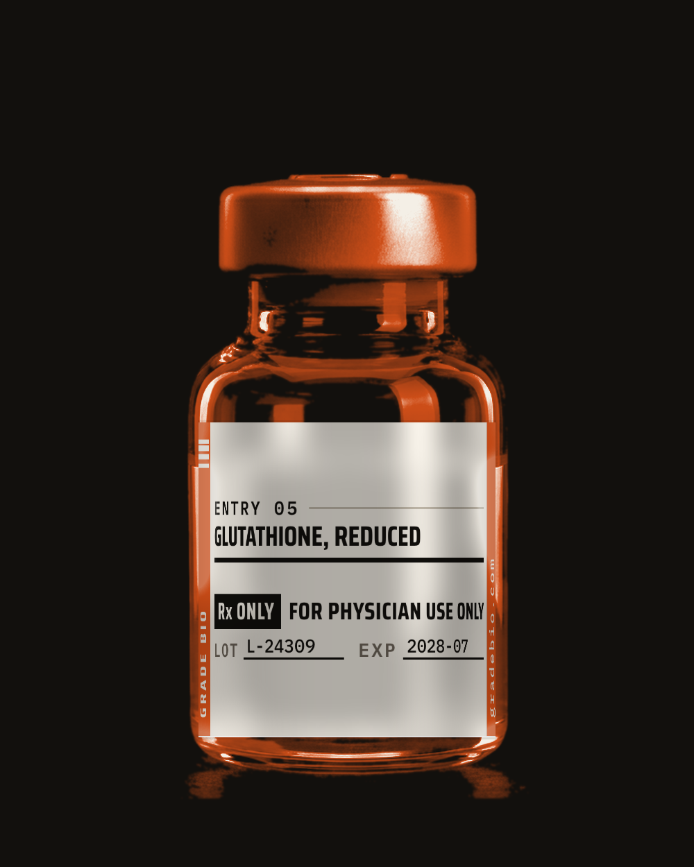 Glutathione, clear solution in a sealed vial.