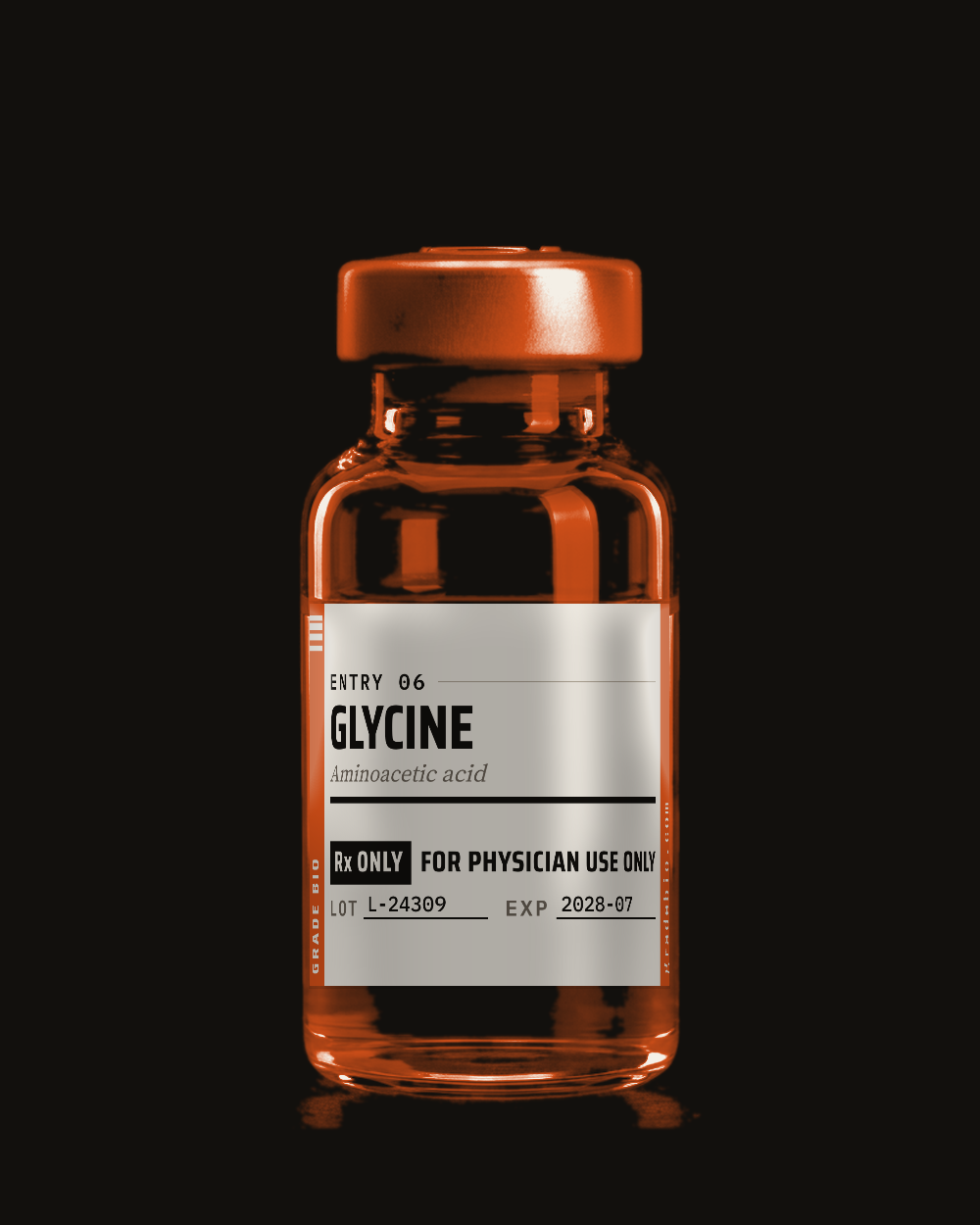 Glycine, clear solution in a sealed vial.
