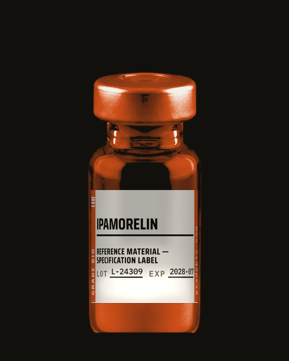 Ipamorelin, lyophilized cake in a sealed vial.
