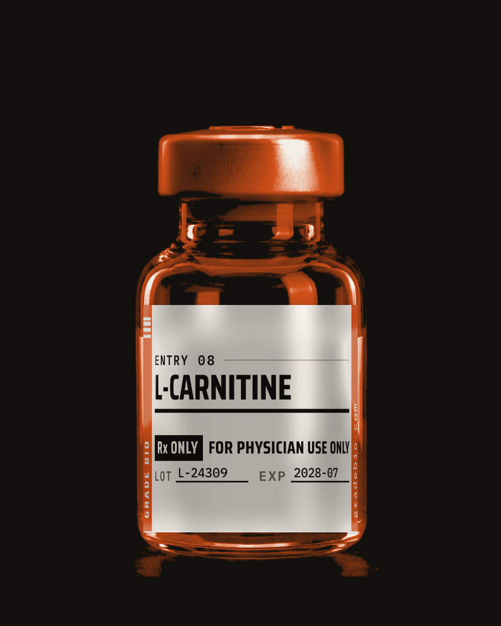 L-Carnitine, clear solution in a sealed vial.