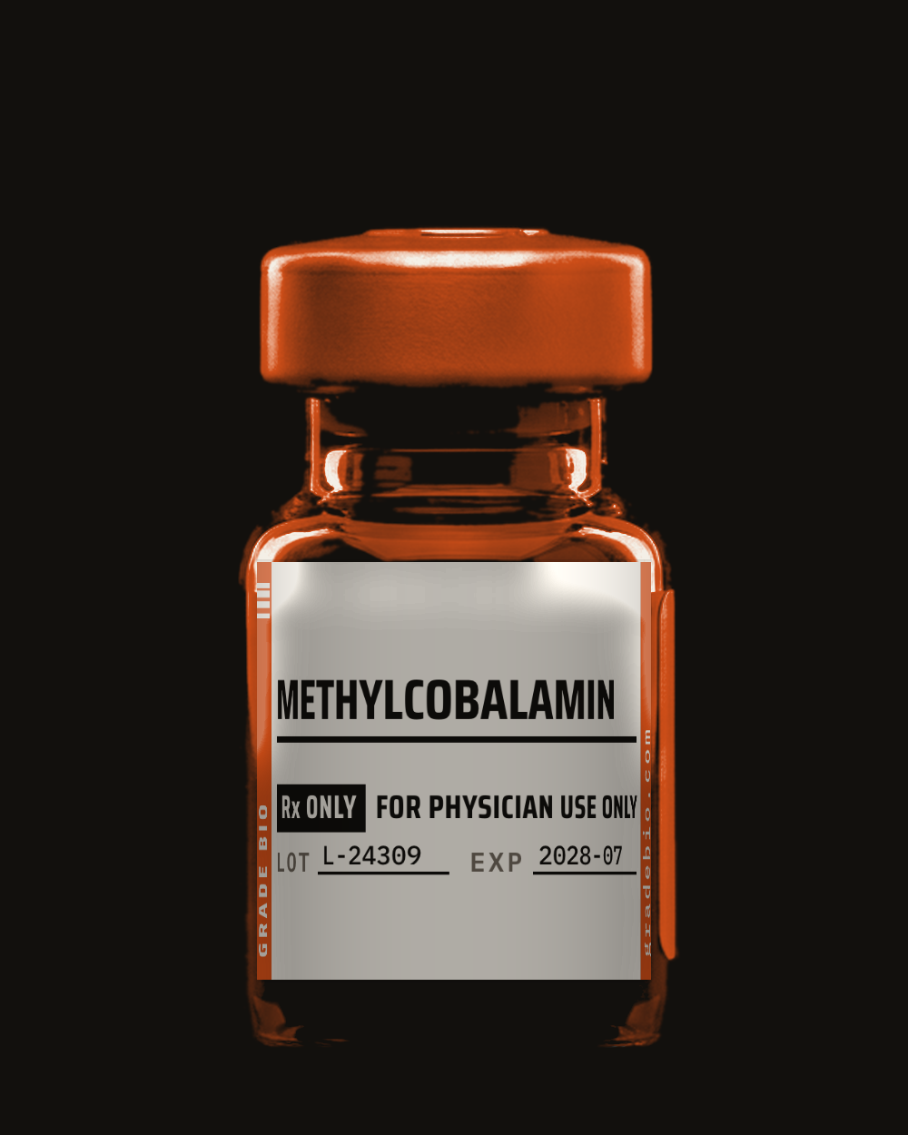 Methylcobalamin, deep red solution in a sealed vial.