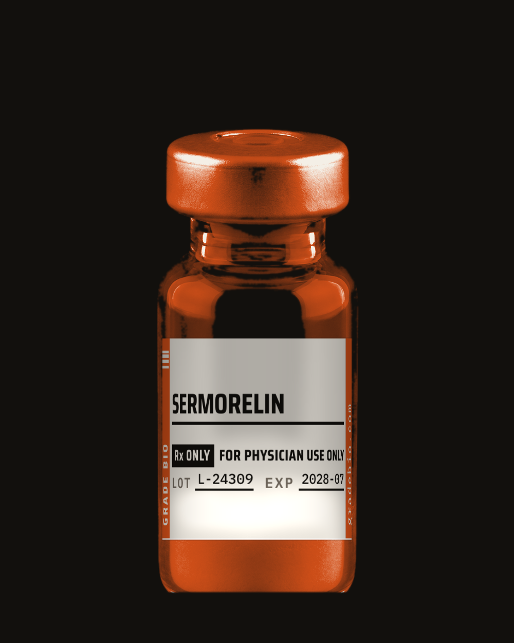 Sermorelin, lyophilized cake in a sealed vial.